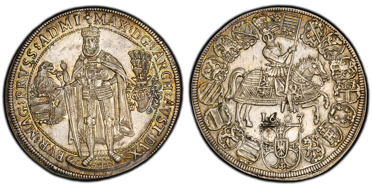 1085678 GERMAN STATES. Teutonic Order. Maximilian. 1603 AR Thaler, 32 Groschen. PCGS AU58.  Hall. 28.40gm. Master standing on ground, arms at left, helmet at right / Emperor on horseback in circle of shields, date below. KM 3; Dav.-5848; Moser & T...