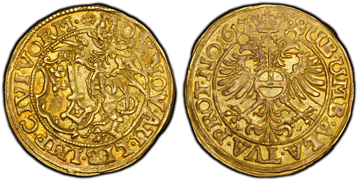 1085672 GERMAN STATES. Worms. 1617 AV Goldgulden. PCGS AU55.  3.18gm. MON NOV AU LIB IMP CIVI VORM. Dragon holding arms at left / SUB UMB ALA TVA PROT NO 1617. Crowned imperial eagle. KM 49; Fr.-3536; Joseph 315b.
Privately purchased from Schulman...