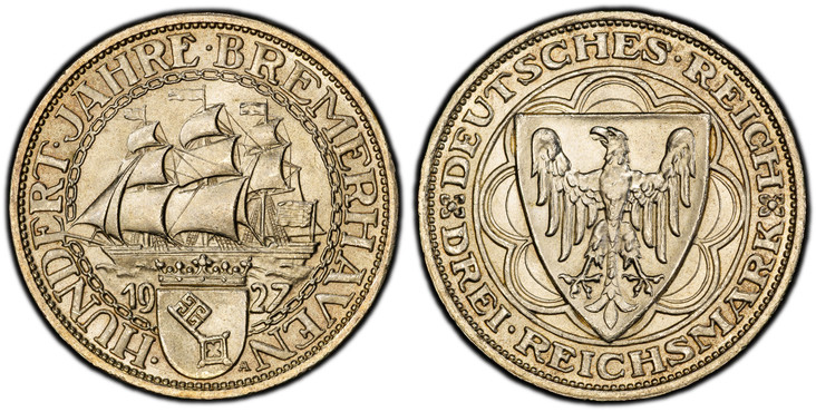 1085498 GERMANY, WEIMAR REPUBLIC. 1927-A AR 3 Reichsmark. PCGS MS66.  Berlin. Eagle on shield within scalloped design / Shield divides date below ship. KM 50; AKS 74; Jaeger 325.

100th Anniversary of Bremerhaven.

Please use this link to verify t...