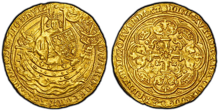 1086307 GREAT BRITAIN. England. Edward III. (King, 1327-1377). (1351-52) ND-(Cross-1) AV Noble. PCGS AU58.  London. 7.62gm. EDWARDVS DEI GRA REX ANGL Z FRANC D hYB. King standing facing in ship holding sword and shield; annulet stops in legend / I...