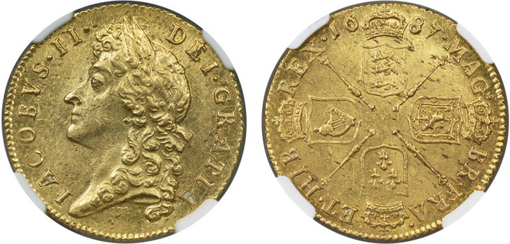 1086269 GREAT BRITAIN. England. James II. (King, 1685-88). 1687 AV Guinea. NGC MS64.  Second laureate bust of James II left / Crowned cruciform shields, scepters in angles. KM 459.1; SCBC-3402.

Currently the finest known at NGC as of January 2026...