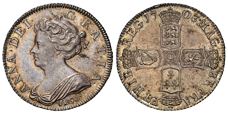 1080629 GREAT BRITAIN. England. Anne. (Queen, 1702-1714). 1703 AR Shilling. NGC MS63.  ANNA · DEI · - GRATIA ·. Second bust (short ties), VIGO below / MAG - BR · FRA - ET · HIB - REG ·. Crowned shield in cruciform. KM 517.1; SCBC-3586; ESC-1388 (P...