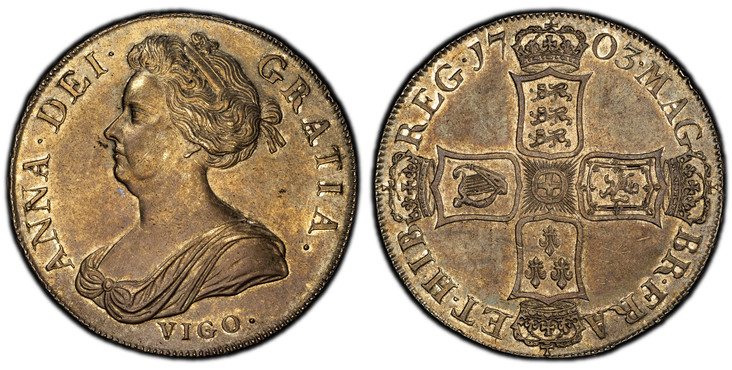 1086325 GREAT BRITAIN. England. Anne. (Queen, 1702-1714). 1703 AR Crown. PCGS MS61.  ANNA · DEI · - GRATIA ·. VIGO below bust / MAG - BR · FRA - ET HIB - REG ·. Crowned shields in cruciform. KM 519.1; SCBC-3576; Dav.-1338.

Struck from silver seiz...