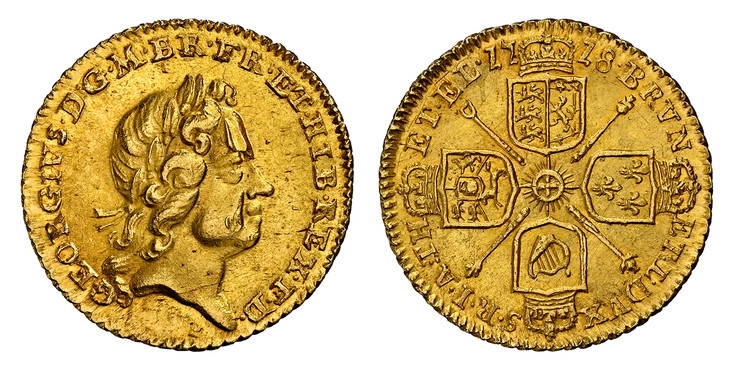 1084772 GREAT BRITAIN. George I. (King, 1714-1727). 1718 AV Quarter-Guinea. NGC MS64.  2.09gm. GEORGIVS  · D · G · M · BR · FR · ET · HIB · REX · F · D ·. Laureate head right / Crowned shields in cruciform, scepters at angles. KM 555; SCBC-3638; E...