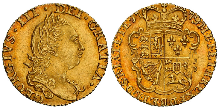 1086257 GREAT BRITAIN. George III. (King, 1760-1820). 1779 AV Half-Guinea. NGC MS62+.  GEORGIVS · III · DEI · GRATIA ·. Smaller head, laurel wreath ends below legend / F · D · B · ET · L · D · S · R · I · A · T · ET · E · - M · B · F · ET · H · RE...