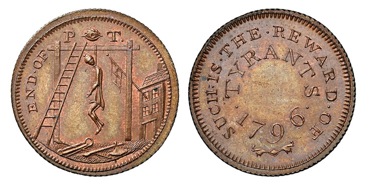1086035 GREAT BRITAIN. Middlesex, Spence's. 1796 CU Farthing Token. NGC MS65BN (Brown).  Edge: Diagonal milled \\\\. END OF P (eye) T. Man hanging from gibbet / SUCH IS THE REWARD OF/ TYRANTS. Legend. D&H 1111.

Please use this link to verify the ...