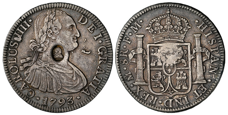 1086487 GREAT BRITAIN. George III. (King, 1760-1820). (1797-99) AR Dollar. NGC XF45 Countermark: AU Strong
.  Oval countermark with raised head of George III. CAROLUS • IIII • DEI • GRATIA. Laureate bust right / HISPAN • ET IND • REX •. Crowned ar...