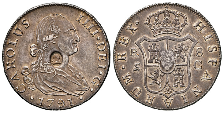 1086594 GREAT BRITAIN. George III. (King, 1760-1820). (1797-99) AR Dollar. NGC AU50 CM: AU Standard.  Oval countermark with head of George III. CAROLUS • IIII • DEI • GRATIA. Laureate bust right / HISPAN • ET IND • REX •. Crowned arms between pill...