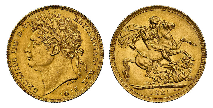 1086339 GREAT BRITAIN. George IV. (King, 1820-1830). 1821 AV Sovereign. NGC MS64.  GEORGIUS IIII D:G: BRITANNIAR: REX F:D:. Laureate head left / St. George slaying the dragon. KM 682; SCBC-3800; Fr.-376; Marsh 5.

Please use this link to verify th...