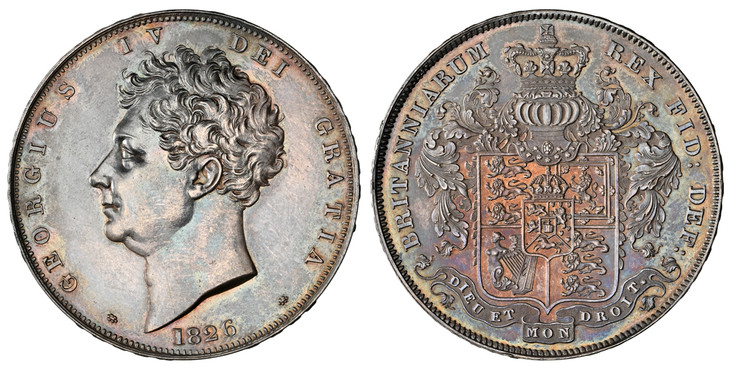1086329 GREAT BRITAIN. George IV. (King, 1820-1830). 1826 AR Crown. NGC PR61.  Edge: SEPTIMO. GEORGIUS IV DEI GRATIA. Head left / BRITANNIARUM REX FID: DEF:. Helmeted arms with garland. KM 699. SEPTIMO on edge; SCBC-3806; ESC-2336 (Prev. ESC-257)....