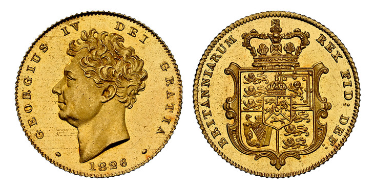 1086572 GREAT BRITAIN. George IV. (King, 1820-1830). 1826 AV Half-Sovereign. NGC PR63 Cameo.  GEORGIUS IV DEI GRATIA. Head left / BRITANNIARUM REX FID: DEF:. Crowned arms within cartouche. KM 700. Proof; SCBC-3804; Fr.-380a.

Please use this link ...