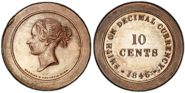1085863 GREAT BRITAIN. Victoria. (Queen, 1837-1901). 1846 CU Smith's Decimal Pattern Restrike Ten Cents. PCGS PR63BN (Brown).  By Marrian and Gausby, Birmingham. Young bust, left; signed below truncation / SMITH ON DECIMAL CURRENCY * (date) *. Val...