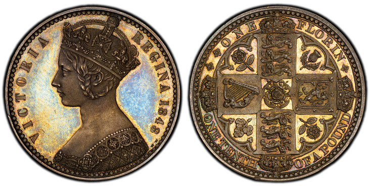 1086047 GREAT BRITAIN. Victoria. (Queen, 1837-1901). 1848 AR Pattern Gothic Florin, Two Shillings. PCGS PR65.  London. Edge: Plain. VICTORIA REGINA. Crowned bust left / Crowned shields of England, Scotland and Ireland in cross formation with flowe...