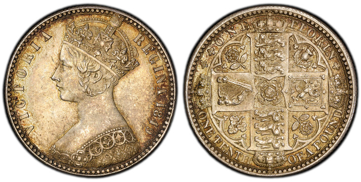 1085352 GREAT BRITAIN. Victoria. (Queen, 1837-1901). 1849 AR Gothic Florin, Two Shillings. PCGS MS63.  VICTORIA REGINA. Crowned bust left / Crowned shields of England, Scotland and Ireland in cross formation with flowers at corners. KM 745; SCBC-3...