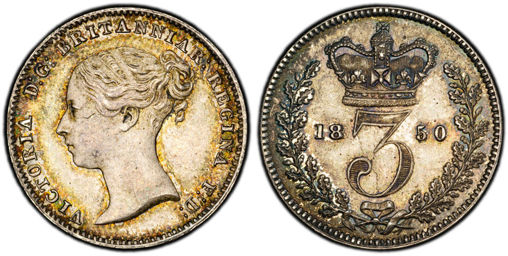 1085839 GREAT BRITAIN. Victoria. (Queen, 1837-1901). 1850 AR Threepence. PCGS MS65.  VICTORIA D:G: BRITANNIAR: REGINA F:D:. Head left / Crowned denomination divides date within wreath. KM 730; SCBC-3914.

Please use this link to verify the PCGS ce...
