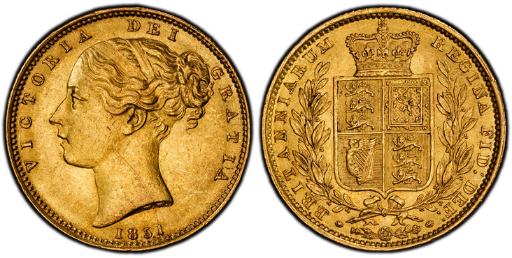 1086053 GREAT BRITAIN. Victoria. (Queen, 1837-1901). 1851 AV Sovereign. PCGS MS61.  VICTORIA DEI GRATIA. Head left / BRITANNIARUM REGINA FID: DEF:. Without die number. KM 736.1; SCBC-3852C; Fr.-387e; Marsh-35.

Please use this link to verify the P...