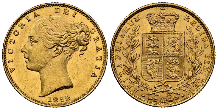1085280 GREAT BRITAIN. Victoria. 1852 AV Sovereign. NGC MS62.  VICTORIA DEI GRATIA. Head left / BRITANNIARUM REGINA FID: DEF:. Without die number. KM 736.1; SCBC-3852C; Fr.-387e; Marsh-35.

Please use this link to verify the NGC certification numb...