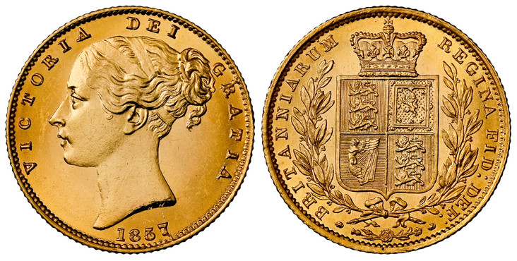 1086285 GREAT BRITAIN. Victoria. (Queen, 1837-1901). 1857/5 AV Sovereign. NGC MS65.  VICTORIA DEI GRATIA. Head left / BRITANNIARUM REGINA FID: DEF:. Without die number. KM 736.1; SCBC-3852D; Marsh-unlisted.

Overdate variety. Superb and exceptiona...