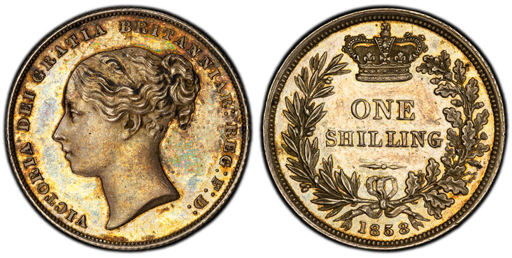 1086154 GREAT BRITAIN. Victoria. (Queen, 1837-1901). 1858 AR Shilling. PCGS Genuine - UNC Details Cleaned.  23.7mm. 5.66gm. VICTORIA DEI GRATIA BRITANNIAR: REG: F: D:. High relief / Crown above denomination within wreath. KM 734.1; SCBC-3904; ESC-...