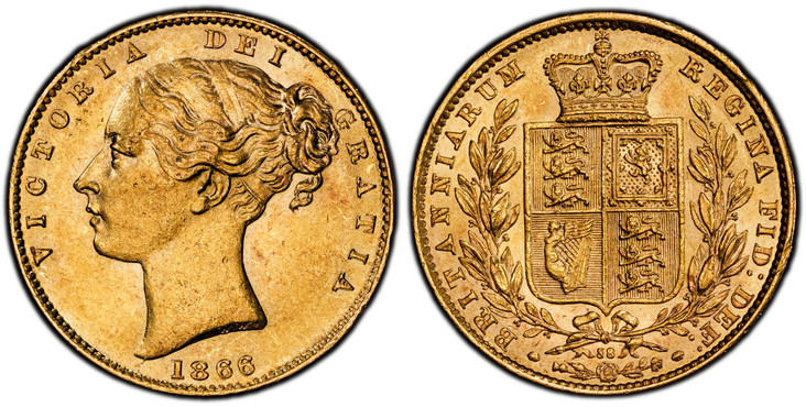 1086055 GREAT BRITAIN. Victoria. (Queen, 1837-1901). 1866 AV Sovereign. PCGS MS61.  VICTORIA DEI GRATIA. Head left / BRITANNIARUM REGINA FID: DEF:. Die number #58 below wreath. KM 736.2; SCBC-3853; Fr.-387i.

Please use this link to verify the PCG...