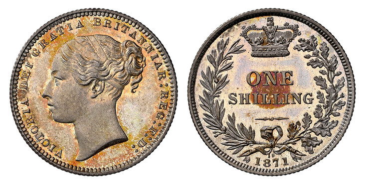 1085664 GREAT BRITAIN. Victoria. (Queen, 1837-1901). 1871 AR Shilling. NGC PR66 .  Edge: Reeded. VICTORIA DEI GRATIA BRITANNIAR: REG: F:D:. Low relief / Crown above denomination within wreath. KM 734.2. Proof; SCBC-3906A; ESC-3040 Variant (Prov. E...