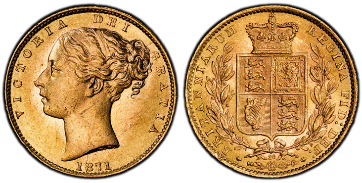 1086056 GREAT BRITAIN. Victoria. (Queen, 1837-1901). 1871 AV Sovereign. PCGS MS63.  VICTORIA DEI GRATIA. Head left / BRITANNIARUM REGINA FID: DEF:. Die number #28 below wreath. KM 736.2; SCBC-3853-B; Fr.-387i.

Please use this link to verify the P...