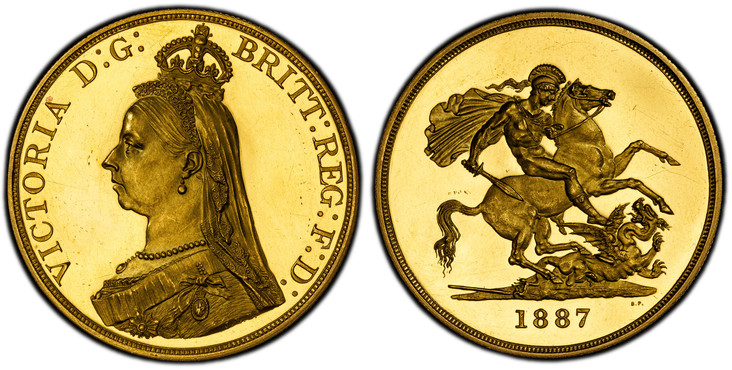 1084656 GREAT BRITAIN. Victoria. (Queen, 1837-1901). 1887 AV Five Pounds. PCGS PR63DCAM (Deep Cameo).  VICTORIA D:G: BRITT: REG: F:D:. Bust left wearing small crown and veil; J.E.B. on truncation / St. George slaying the dragon right. KM 769; SCBC...