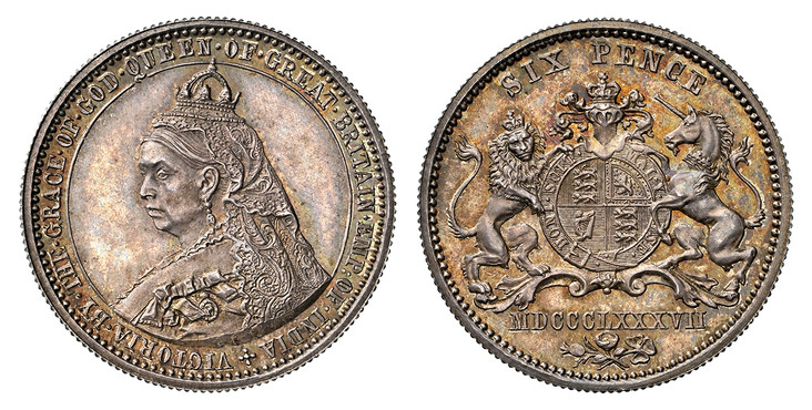 1084661 GREAT BRITAIN. Victoria. (Queen, 1837-1901). MDCCCLXXXVII (1887) AR Pattern Sixpence. NGC PR64.  By Joseph Rochelle Thomas with Spink & Son. Edge: Reeded. 3.03gm. +VICTORIA. BY. THE. GRACE. OF. GOD. QUEEN. OF. GREAT. BRITAIN. EMP: OF. INDI...