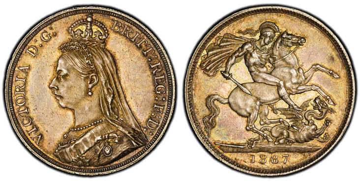 1086010 GREAT BRITAIN. Victoria. (Queen, 1837-1901). 1887 AR Crown. PCGS MS62.  Edge: Reeded. VICTORIA D:G: BRITT: REGINA: F:D:. Bust left wearing small crown and veil / St. George slaying dragon right. KM 765; SCBC-3921; ESC-2585 (Prev. ESC-296);...