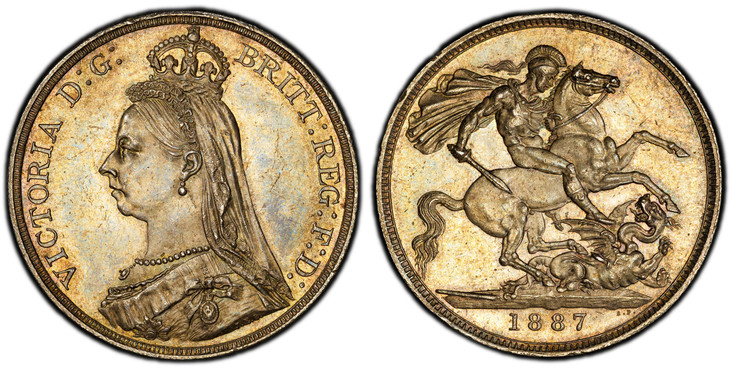 1086011 GREAT BRITAIN. Victoria. (Queen, 1837-1901). 1887 AR Crown. PCGS MS63.  Edge: Reeded. VICTORIA D:G: BRITT: REGINA: F:D:. Bust left wearing small crown and veil / St. George slaying dragon right. KM 765; SCBC-3921; ESC-2585 (Prev. ESC-296);...