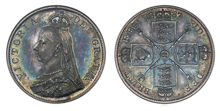 1086266 GREAT BRITAIN. Victoria. (Queen, 1837-1901). 1887 AR Double Florin. NGC PF64.  VICTORIA DEI GRATIA. Coroneted bust left / Sceptres divide crowned arms at corners. KM 763. Arabic 1; SCBC-3923.
Housed in an old NGC holder.

Please use this l...