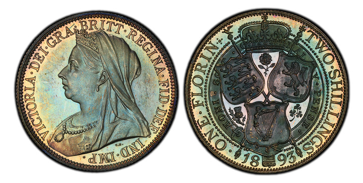 1086698 GREAT BRITAIN. Victoria. (Queen, 1837-1901). 1893 AR Florin, Two Shillings. PCGS PR66.  Edge: Reeded. VICTORIA · DEI · GRA · BRITT · REGINA · FID · DEF · IND · IMP ·. Mature draped bust left / Crowned shields of England, Scotland and Irela...