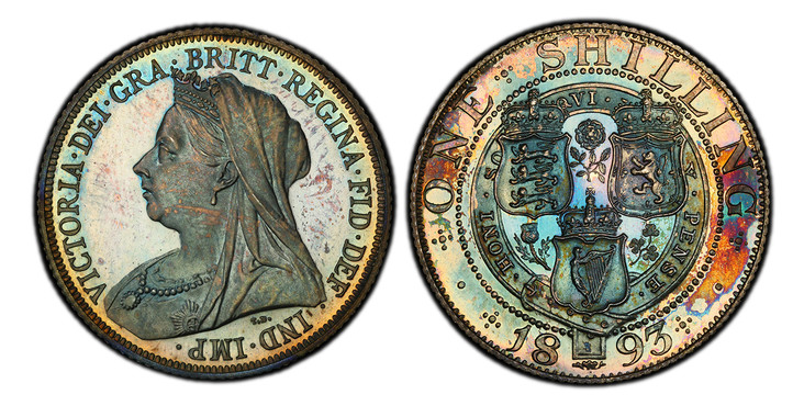 1086699 GREAT BRITAIN. Victoria. 1893 AR Shilling. PCGS PR66.  VICTORIA · DEI · GRA · BRITT · REGINA · FID · DEF · IND · IMP ·. Mature draped bust left / Crowned shields of England, Scotland and Ireland. KM 780; SCBC 3940.

Please use this link to...