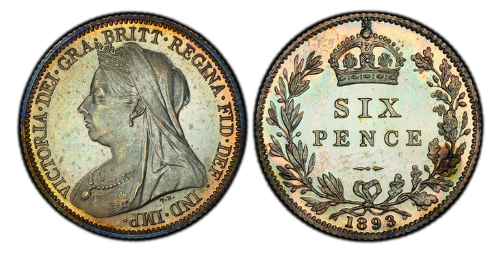 1086700 GREAT BRITAIN. Victoria. (Queen, 1837-1901). 1893 Silver Sixpence. PCGS PR66.  Edge: Reeded. Mature draped bust left / Crowned denomination within oak wreath. KM 779.;  SCBC-3941; ESC-1763.

Please use this link to verify the PCGS certific...