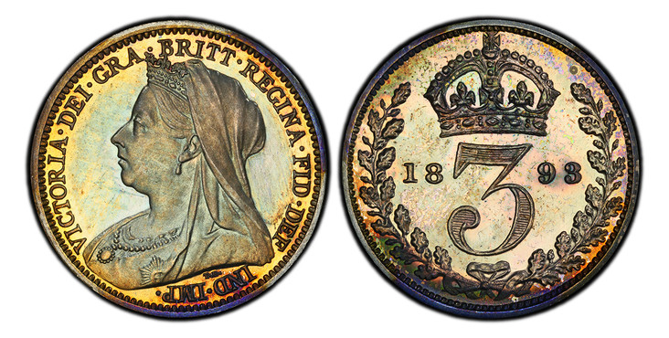 1086701 GREAT BRITAIN. Victoria. (Queen, 1837-1901). 1893 AR Threepence. PCGS PR66.  Mature draped bust left / Crowned denomination divides date within oak wreath. KM 777; SCBC-3942.

Please use this link to verify the PCGS certification number <a...