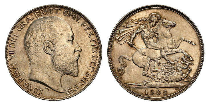 1086012 GREAT BRITAIN. Edward VII. (King, 1901-1910). 1902 AR Crown. NGC MS63+.  Head right / St. George slaying the dragon. KM 803; SCBC-3978.

Please use this link to verify the NGC certification number <a href="https://www.ngccoin.com/certlooku...