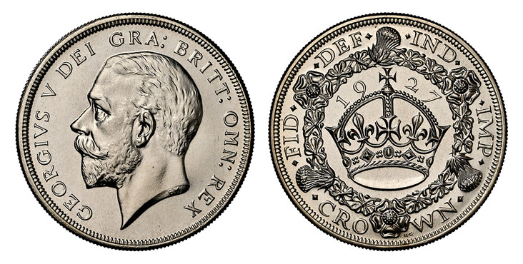 1086042 GREAT BRITAIN. George V. (King, 1910-1936). 1927 AR Crown. NGC PR66.  Head left / Date divided above crown within wreath. KM 836. Proof; SCBC-4036.

From a reported mintage of 15,000 pieces.

Please use this link to verify the NGC certific...