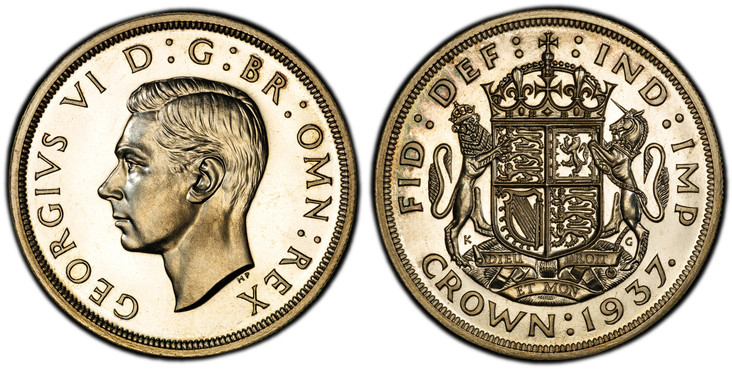 1086014 GREAT BRITAIN. George VI. (King, 1936-1952). 1937 AR Crown. PCGS PR65 Cameo.  Edge: Reeded. Head left / Crowned, quartered shield with supporters. KM 857; SCBC-4079; ESC-392.

Please use this link to verify the PCGS certification number <a...