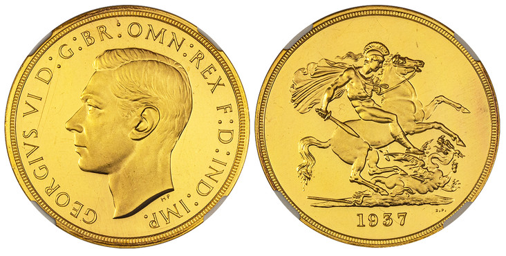1086692 GREAT BRITAIN. George VI. (King, 1936-1952). 1937 AV Five Pounds. NGC PR64+UCAM (Ultra Cameo).  Head left / St. George slaying the dragon. KM 861; SCBC-4074; W&R 435.

From a mintage of just 5,001.

Please use this link to verify the NGC c...