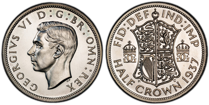 1086868 GREAT BRITAIN. George VI. (King, 1936-1952). 1937 AR Halfcrown. PCGS PR63.  Edge: Reeded. Head left / Quartered shield flanked by crowned monograms. KM 856; SCBC-4080.

Please use this link to verify the PCGS certification number <a href="...