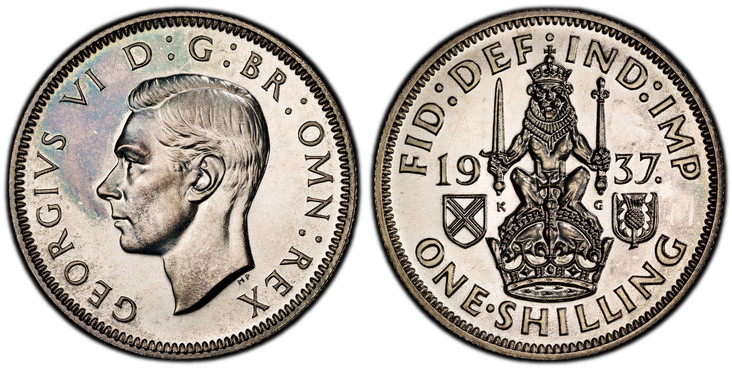 1086871 GREAT BRITAIN. George VI. (King, 1936-1952). 1937 AR Shilling. PCGS PR64.  Edge: Reeded. Head left / Scottish crest; lion seated atop crown holding sword and scepter divides date, shields flank. KM 854; SCBC-4083 (Scottish Reverse).

Pleas...