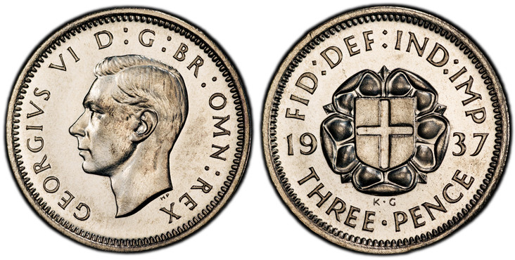 1086873 GREAT BRITAIN. George VI. (King, 1936-1952). 1937 AR Threepence. PCGS PR66.  Head left / St. George shield on Tudor rose divides date. KM 848; SCBC-4085.

Please use this link to verify the PCGS certification number <a href="http://www.pcg...