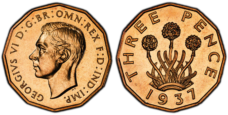 1086874 GREAT BRITAIN. George VI. (King, 1936-1952). 1937 Nickel-Brass Threepence. PCGS PR66.  Head left / Thrift plant (allium porrum). KM 849; SCBC-4112.

Please use this link to verify the PCGS certification number <a href="http://www.pcgs.com/...