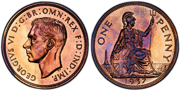 1086875 GREAT BRITAIN. George VI. (King, 1936-1952). 1937 AE Penny. PCGS PR64RB (Red-Brown).  Head left / Britannia seated right. KM 845; SCBC-4114.

Please use this link to verify the PCGS certification number <a href="http://www.pcgs.com/cert/56...