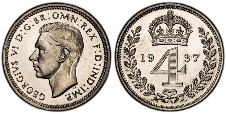 1086878 GREAT BRITAIN. George VI. (King, 1936-1952). 1937 AR Maundy Set. PCGS PR67-PR66.  Head left / Crowned denomination divides date within oak wreath. KM MDS 195; SCBC-4087 through SCBC-4090.

Grades as follows: PCGS PR66 (Maundy Fourpence); P...