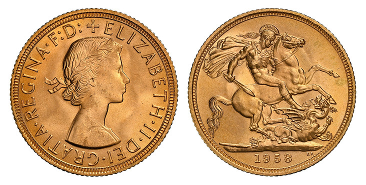 1084032 GREAT BRITAIN. Elizabeth II. (Queen, 1952-2022). 1958 AV Sovereign. NGC MS66.  By Mary Gillick (Obv.). Laureate bust right / St. George slaying the dragon. KM 908; SCBC-4125; Fr.-271.

Please use this link to verify the NGC certification n...
