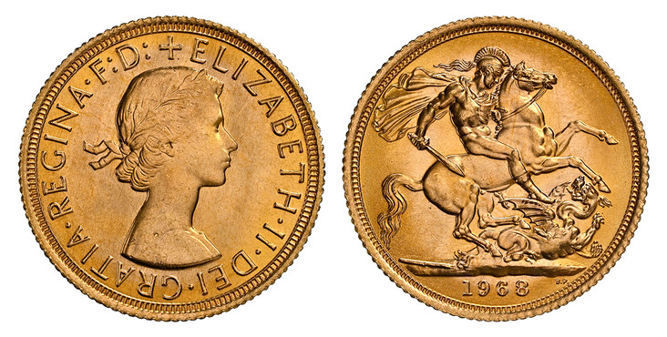 1084033 GREAT BRITAIN. Elizabeth II. (Queen, 1952-2022). 1968 AV Sovereign. NGC MS66+.  By Mary Gillick. Laureate bust right / St. George slaying the dragon. KM 908; SCBC-4125; Fr.-271.

Please use this link to verify the NGC certification number ...