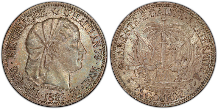 1086219 HAITI. 1882 AR Gourde. PCGS MS63.  Head right wearing bonnet / National arms. KM 46.

Please use this link to verify the PCGS certification number <a href="http://www.pcgs.com/cert/35680189/">35680189</a>
