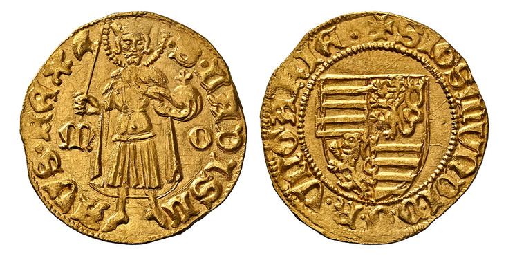 1085068 HUNGARY. Sigismund. (King, 1387–1437). (1404-1405) ND AV Goldgulden. NGC MS64.  3.54gm. Nimbate St. Ladislas standing facing, holding ax and orb; M - O in fields to left and right / Quartered Arms with rampant lion in two quarters within b...