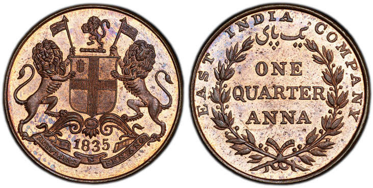 1086003 INDIA-BRITISH. 1835 CU 1/4 Anna. PCGS PR64RB (Red-Brown) Original Striking.  Arms with supporters / EAST INDIA COMPANY// ONE QUARTER ANNA. Value within wreath. KM 446.1; SW 1.90a.

Please use this link to verify the PCGS certification numb...